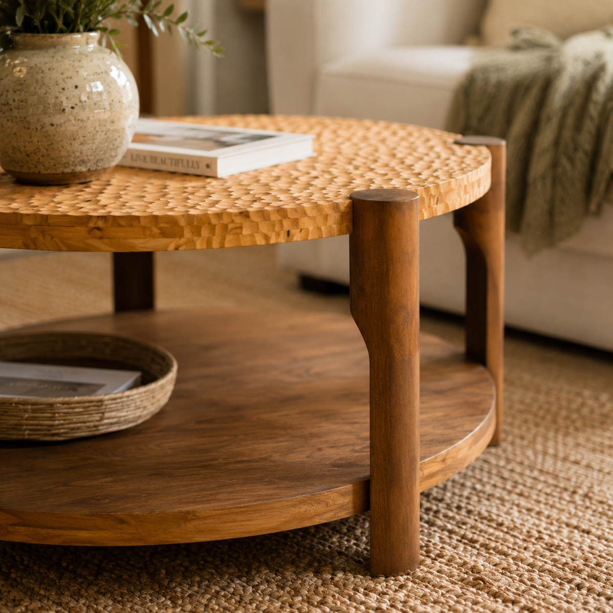 Round Solid Wood Coffee Table with Storage Shelf – Mid-Century Modern 2-Tier Living Room Center Table for Small Spaces