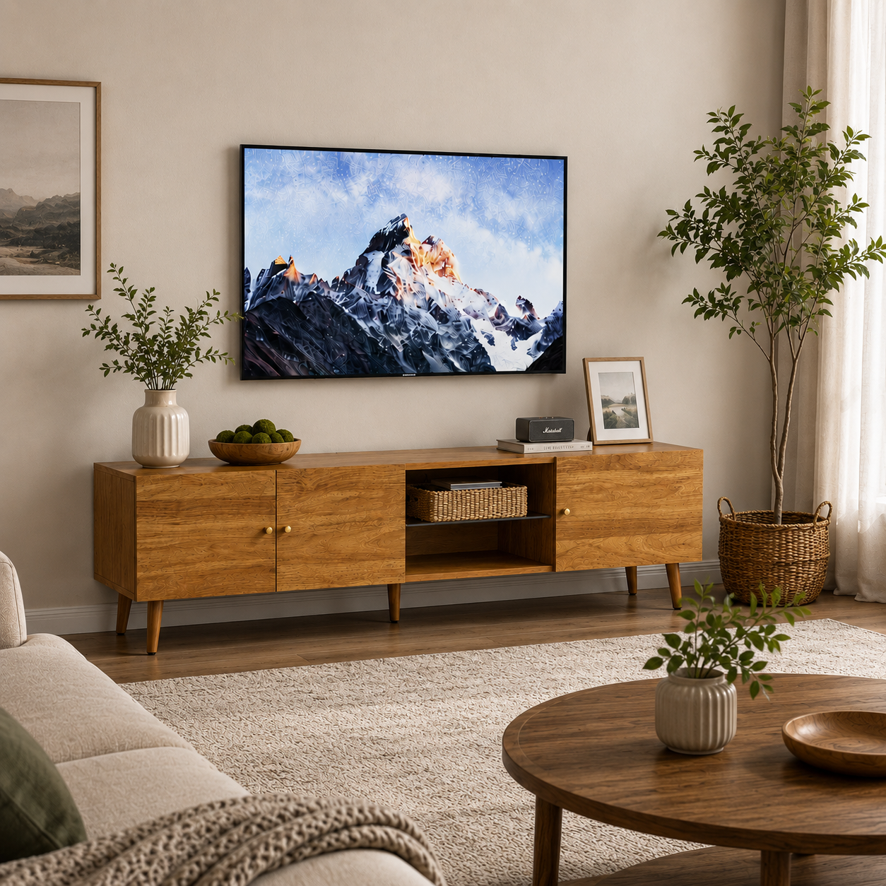 70-Inch Mid-Century Modern TV Stand with Storage – Wood Entertainment Center & Media Console for Living Room and Bedroom