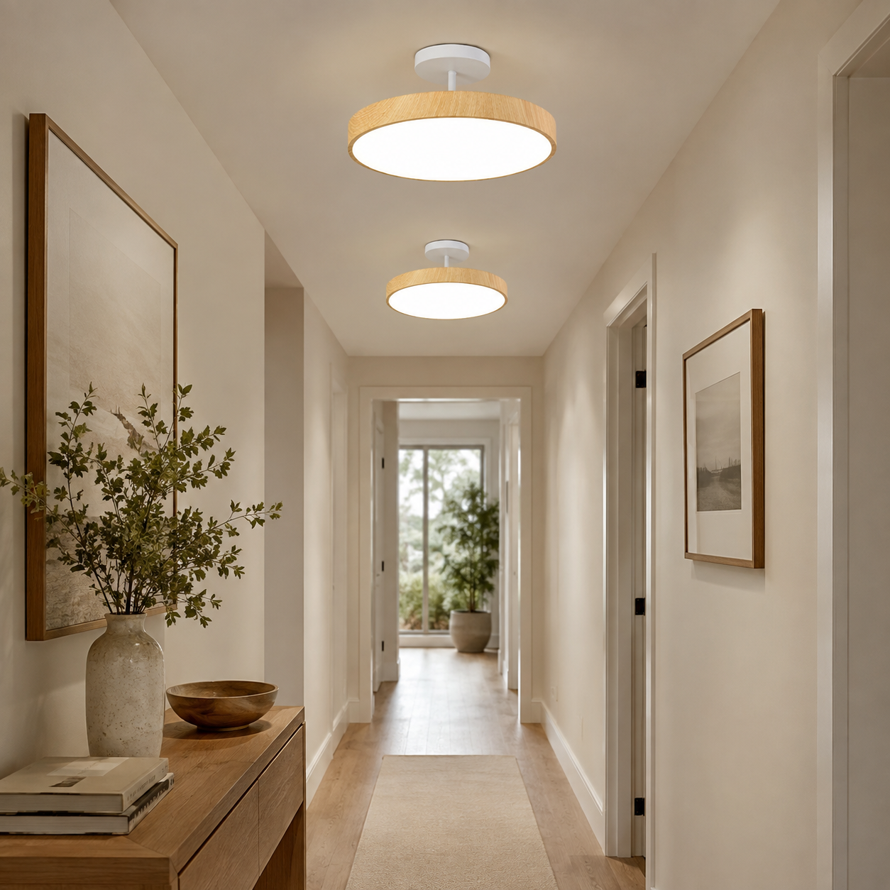 Japanese Wabi-Sabi Wood Grain Round LED Semi-Flush Mount Ceiling Light – Minimalist Modern Flush Ceiling Light for Living Room, Bedroom & Hallway