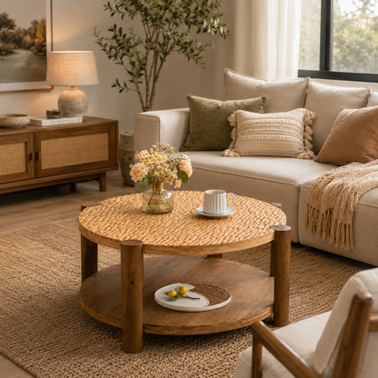 Round Solid Wood Coffee Table with Storage Shelf – Mid-Century Modern 2-Tier Living Room Center Table for Small Spaces