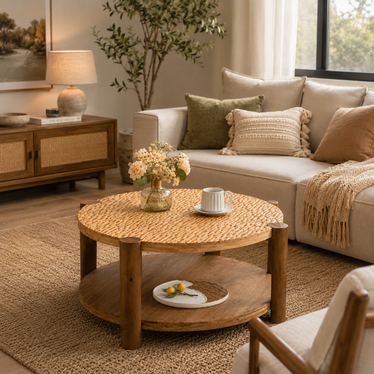 Round Solid Wood Coffee Table with Storage Shelf – Mid-Century Modern 2-Tier Living Room Center Table for Small Spaces