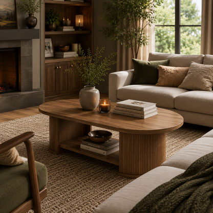 Oval Fluted Coffee Table with Storage Shelf – 47" Mid-Century Modern Farmhouse Wood Coffee Table for Living Room