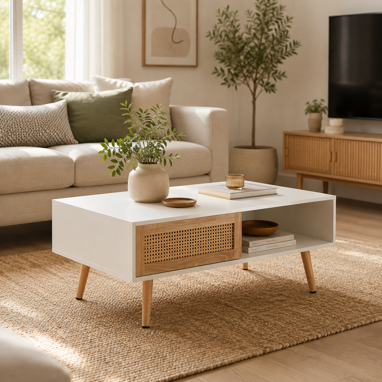 Rattan Coffee Table with Sliding Storage Doors – 41.3" Modern Mid Century Wood Coffee Table for Living Room, Boho Farmhouse Center Table
