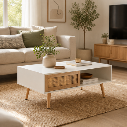 Rattan Coffee Table with Sliding Storage Doors – 41.3" Modern Mid Century Wood Coffee Table for Living Room, Boho Farmhouse Center Table