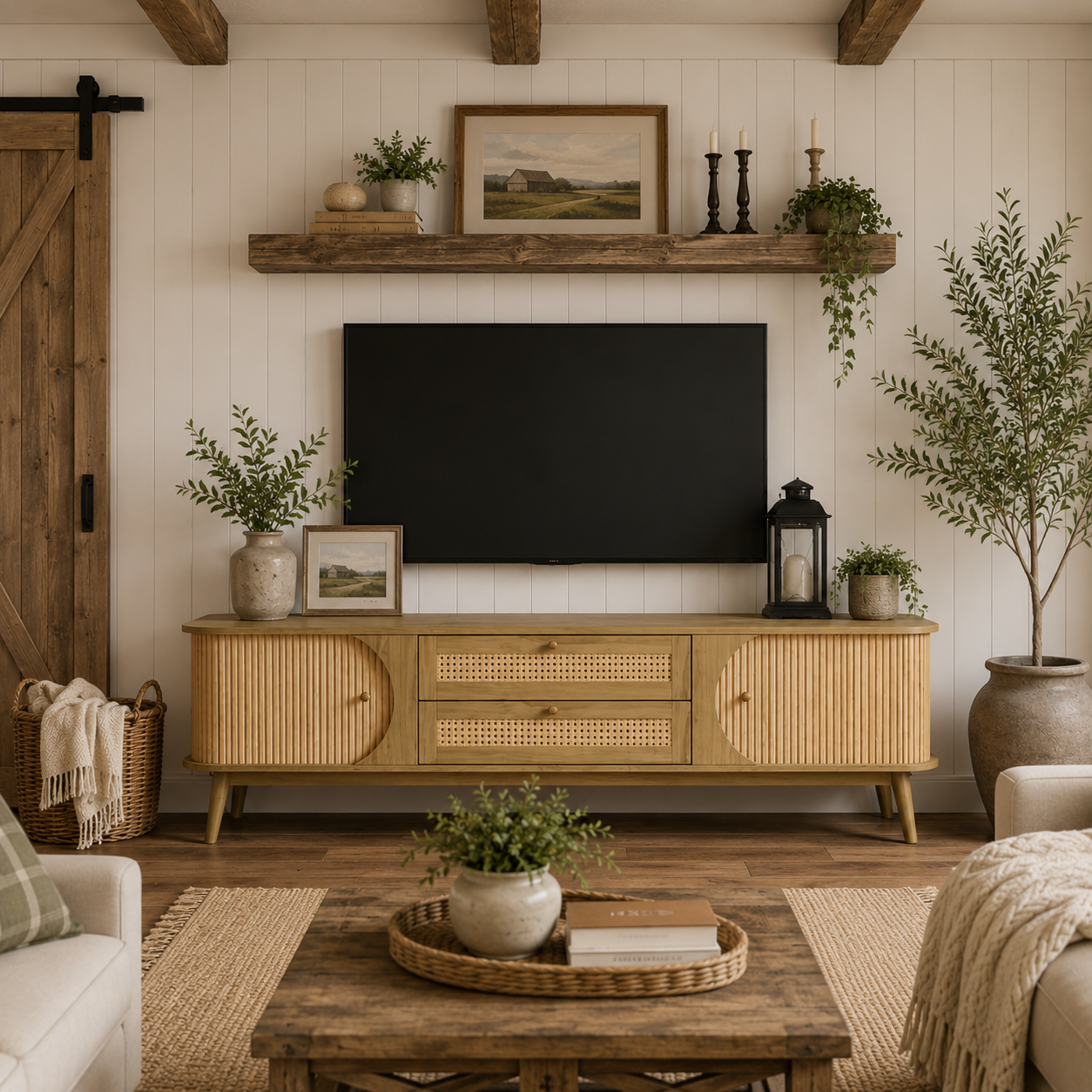Rattan TV Stand for TVs Up to 75" – Modern Farmhouse Media Console with Solid Wood Legs, Storage Cabinet & Entertainment Center