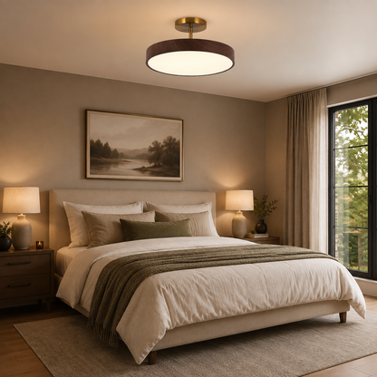 Japanese Wabi-Sabi Wood Grain Round LED Semi-Flush Mount Ceiling Light – Minimalist Modern Flush Ceiling Light for Living Room, Bedroom & Hallway
