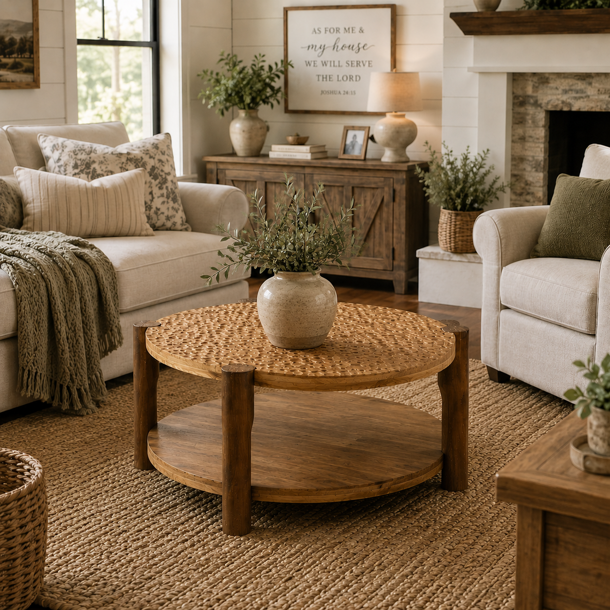 Round Solid Wood Coffee Table with Storage Shelf – Mid-Century Modern 2-Tier Living Room Center Table for Small Spaces