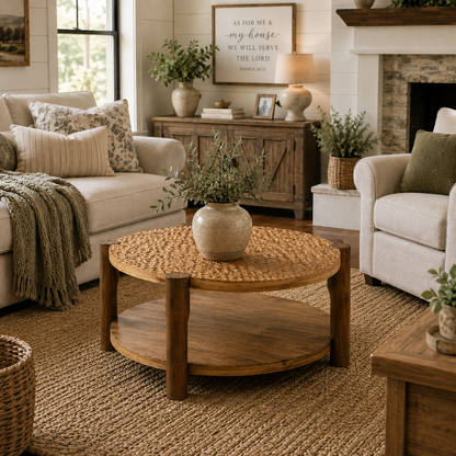 Round Solid Wood Coffee Table with Storage Shelf – Mid-Century Modern 2-Tier Living Room Center Table for Small Spaces
