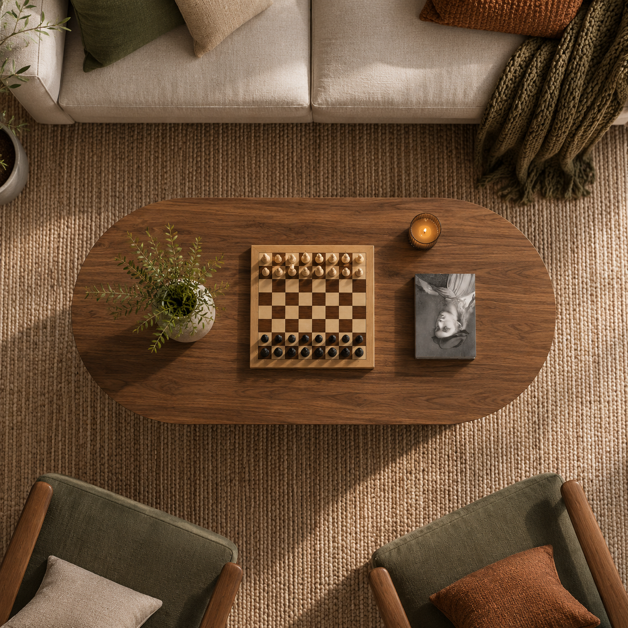 Oval Fluted Coffee Table with Storage Shelf – 47" Mid-Century Modern Farmhouse Wood Coffee Table for Living Room