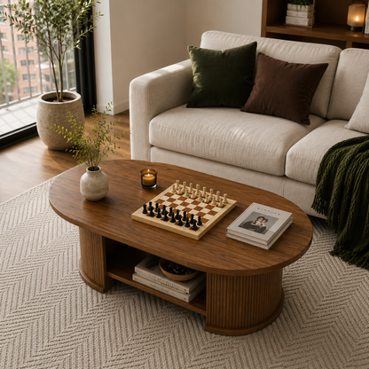 Oval Fluted Coffee Table with Storage Shelf – 47" Mid-Century Modern Farmhouse Wood Coffee Table for Living Room