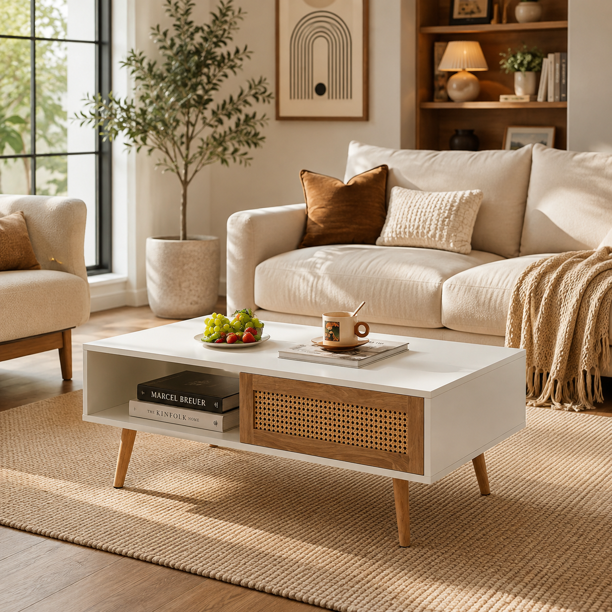Rattan Coffee Table with Sliding Storage Doors – 41.3" Modern Mid Century Wood Coffee Table for Living Room, Boho Farmhouse Center Table