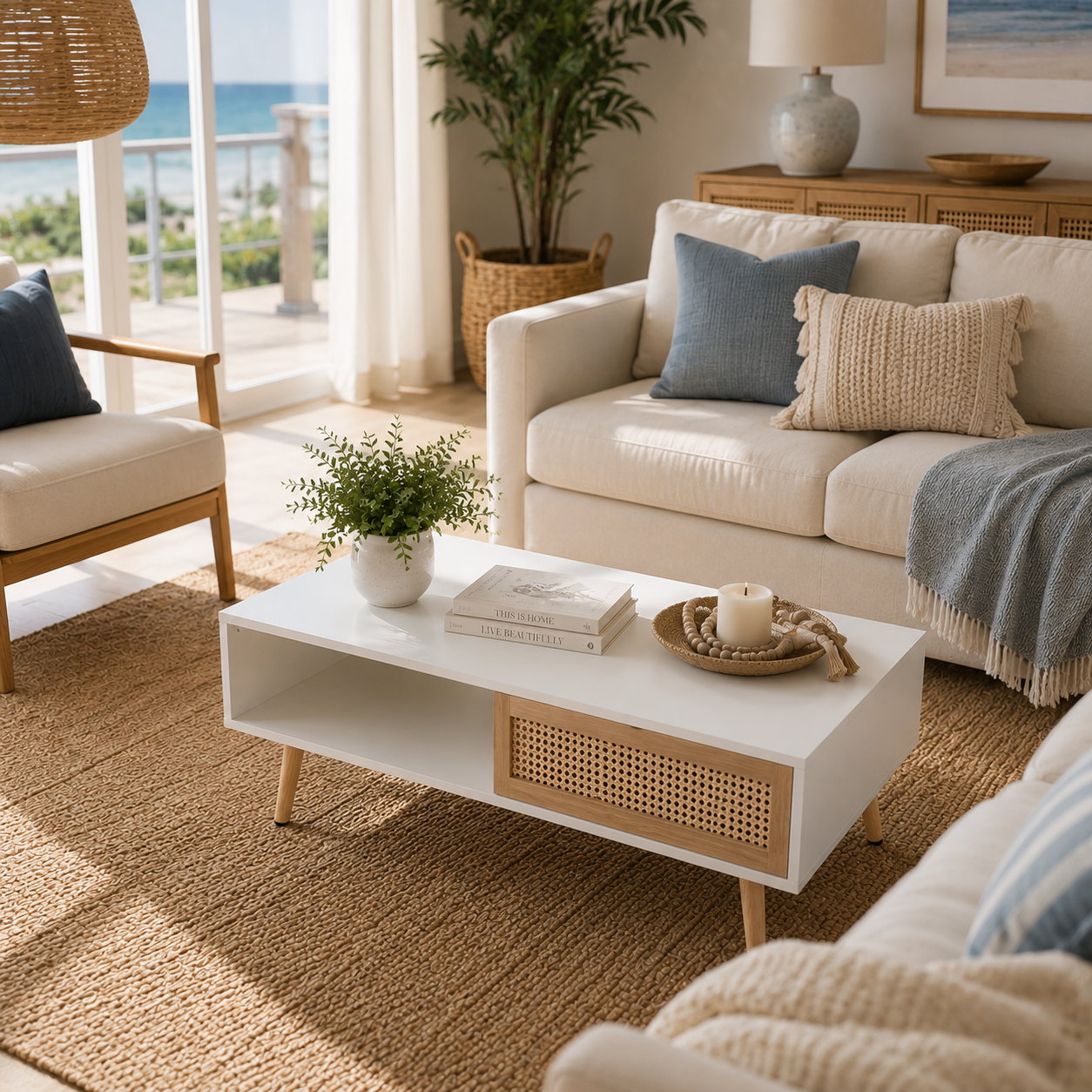 Rattan Coffee Table with Sliding Storage Doors – 41.3" Modern Mid Century Wood Coffee Table for Living Room, Boho Farmhouse Center Table