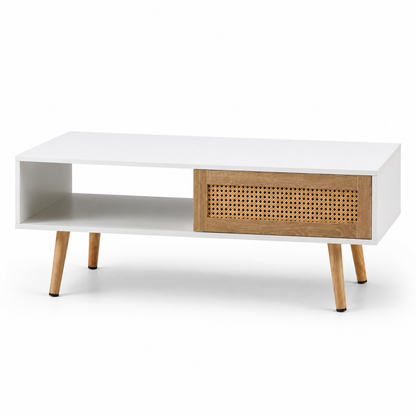 Rattan Coffee Table with Sliding Storage Doors – 41.3" Modern Mid Century Wood Coffee Table for Living Room, Boho Farmhouse Center Table