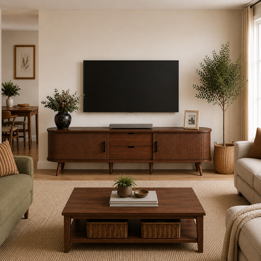 70-Inch Mid-Century Modern TV Stand for TVs Up to 80" – Tambour Door Entertainment Center with Drawers, Built-In Power Outlet & Media Storage