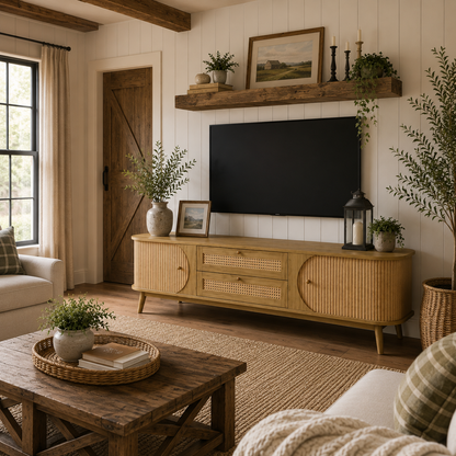 Rattan TV Stand for TVs Up to 75" – Modern Farmhouse Media Console with Solid Wood Legs, Storage Cabinet & Entertainment Center