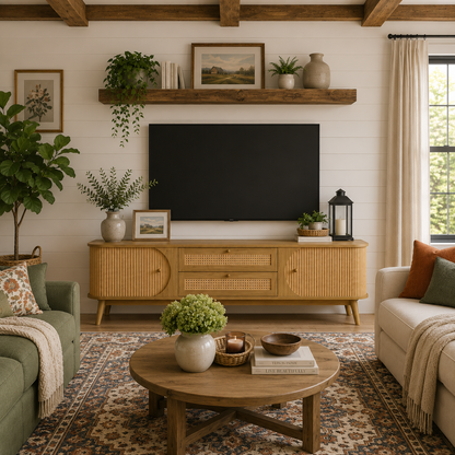 Rattan TV Stand for TVs Up to 75" – Modern Farmhouse Media Console with Solid Wood Legs, Storage Cabinet & Entertainment Center