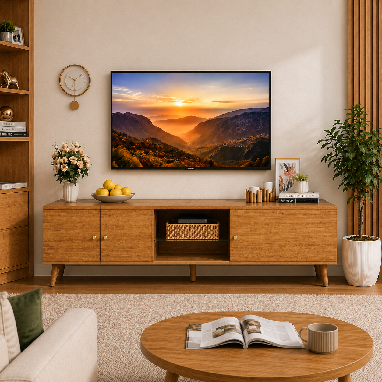 70-Inch Mid-Century Modern TV Stand with Storage – Wood Entertainment Center & Media Console for Living Room and Bedroom