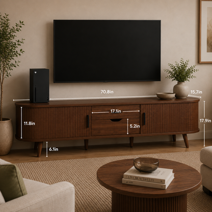 70-Inch Mid-Century Modern TV Stand for TVs Up to 80" – Tambour Door Entertainment Center with Drawers, Built-In Power Outlet & Media Storage
