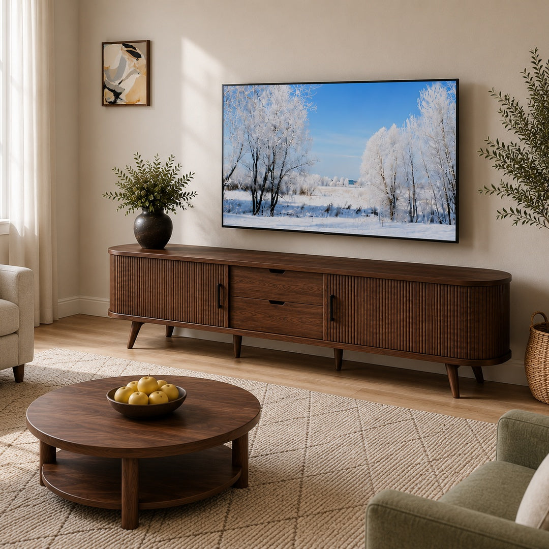 70-Inch Mid-Century Modern TV Stand for TVs Up to 80" – Tambour Door Entertainment Center with Drawers, Built-In Power Outlet & Media Storage