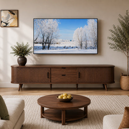 70-Inch Mid-Century Modern TV Stand for TVs Up to 80" – Tambour Door Entertainment Center with Drawers, Built-In Power Outlet & Media Storage