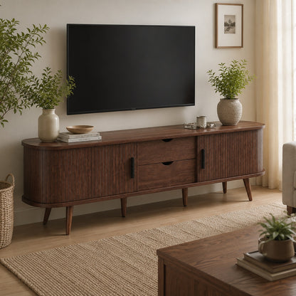 70-Inch Mid-Century Modern TV Stand for TVs Up to 80" – Tambour Door Entertainment Center with Drawers, Built-In Power Outlet & Media Storage